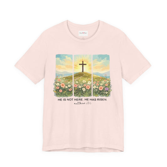 Easter He Is Risen T-Shirt — Cross Sunrise Floral Christian Tee