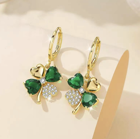 Lucky Green Clover Drop Earrings — 18K Gold Plated Sparkle