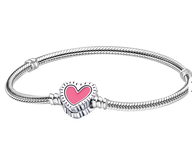 Pink Heart Snake Charm Bracelet - Silver Plated