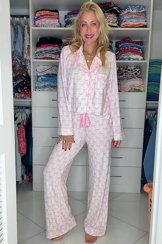 Bow Print Long Sleeve Shirt and Pants Soft Pajama Set