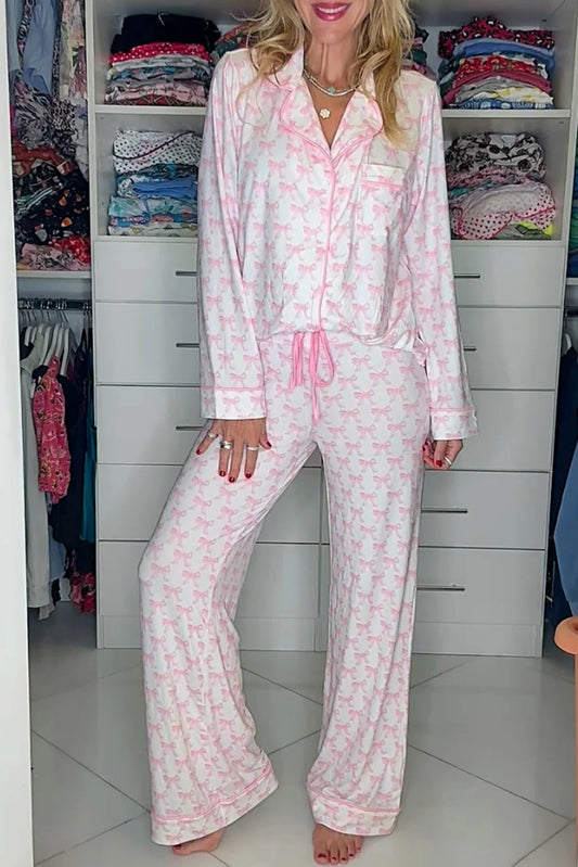 Bow Print Long Sleeve Shirt and Pants Soft Pajama Set