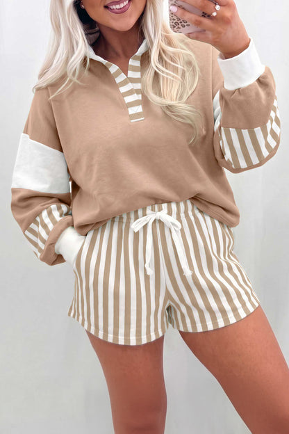 Gossamer Pink Striped Color Block Pullover Top Drawstring Shorts Set