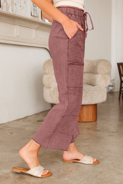 Wild Ginger  Mineral Wash Lace-up High Waist Raw Hem Patched Pocket Pants
