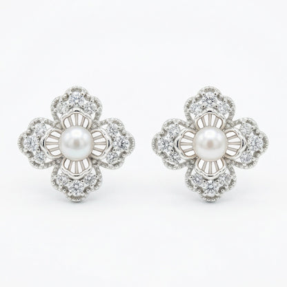 925 Sterling Silver Elegant Floral Pearl and Sparkling Accent Stud Earrings in White Metal
