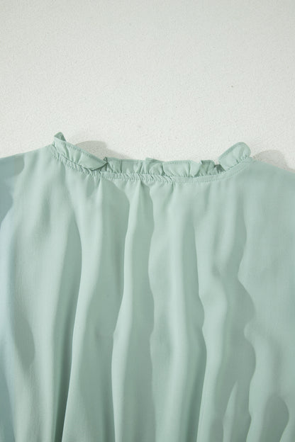 Solid Color V Neck Short Puff Sleeve High Waist Tiered Maxi Dress