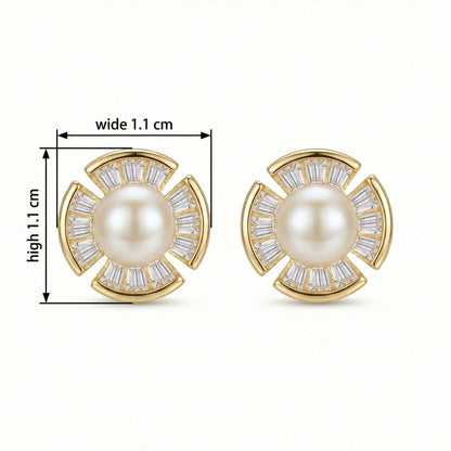925 Sterling Silver Radiant Pearl and Baguette-Cut Fan-Shaped Stud Earrings