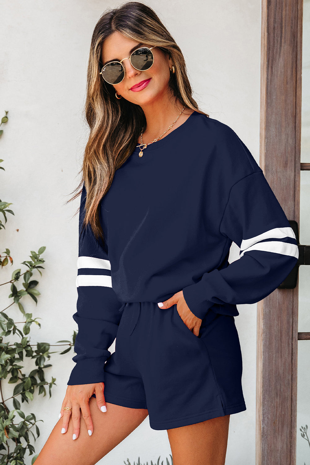 Fiery Red Varsity Striped Sleeve Drop Shoulder Sweatshirt and Short Set