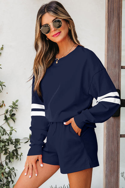 Fiery Red Varsity Striped Sleeve Drop Shoulder Sweatshirt and Short Set