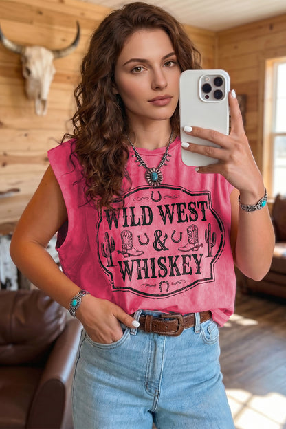Bonbon Bonbon Toner Washed Wild West Whiskey Print Sleeveless Muscle Top