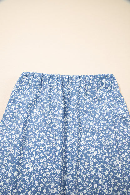 Sky Blue Boho Floral High Waist Long Skirt with Side Split