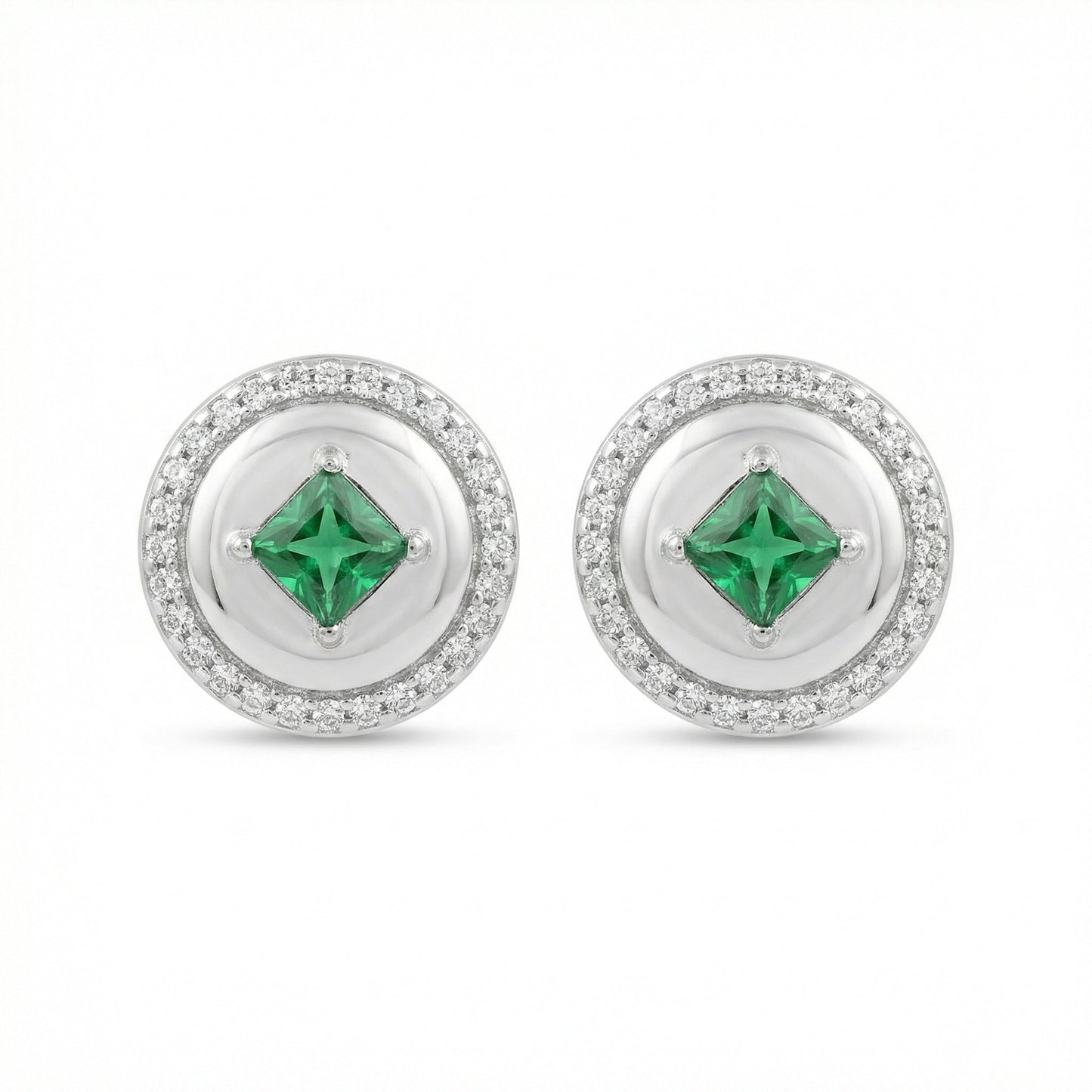 925 Sterling Silver Elegant Round Green Gemstone Stud Earrings with Sparkling Halo