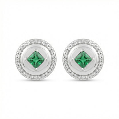 925 Sterling Silver Elegant Round Green Gemstone Stud Earrings with Sparkling Halo