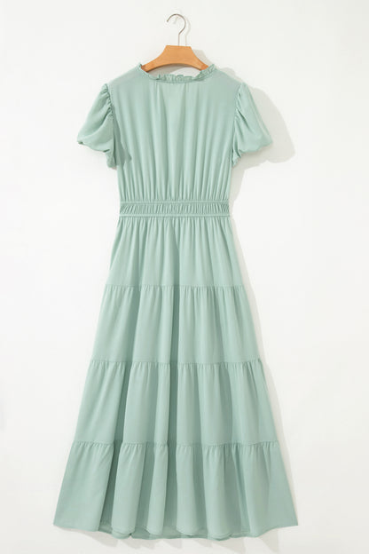 Solid Color V Neck Short Puff Sleeve High Waist Tiered Maxi Dress