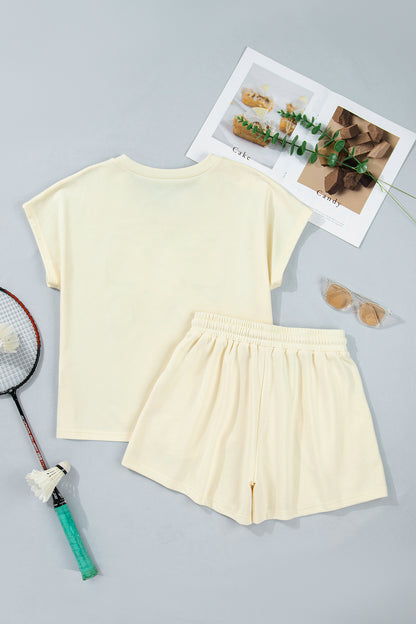 Leopard Bow Patched V Neck Loose Tee Drawstring Shorts 2pcs Outfit