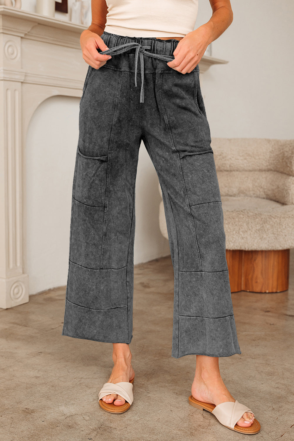 Wild Ginger  Mineral Wash Lace-up High Waist Raw Hem Patched Pocket Pants