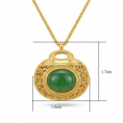 925 Sterling Silver Elegant Filigree Green Jadeite Pendant Necklace with Intricate Textured Metallic Detail