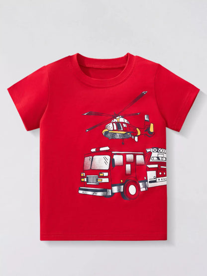 Children's Fire Truck & Helicopter Graphic Short Sleeve T-Shirt