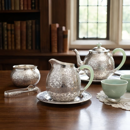 Pure 999 Fine Silver Elegant Ornate Silver Floral Engraved Pitcher Featuring a Delicate Pale Green Handle - Handicraft