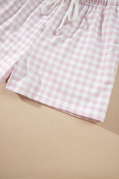 Sky Blue Plaid Baggy Pullover Drawstring Casual Shorts 2pcs Outfit