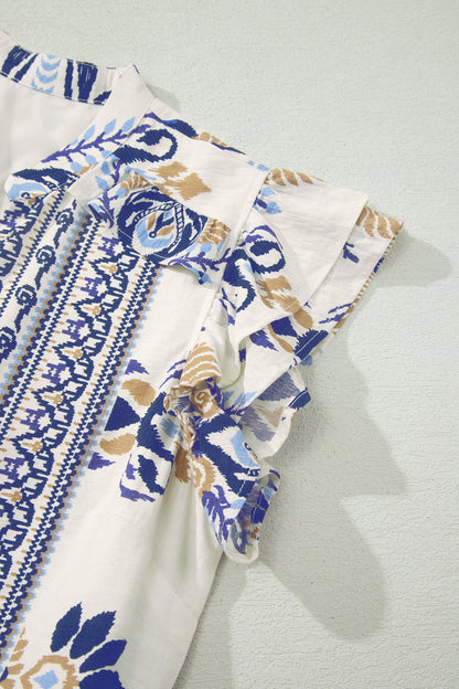 Blue Boho Floral Printed Split Neck Ruffled Sleeve Mini Dress