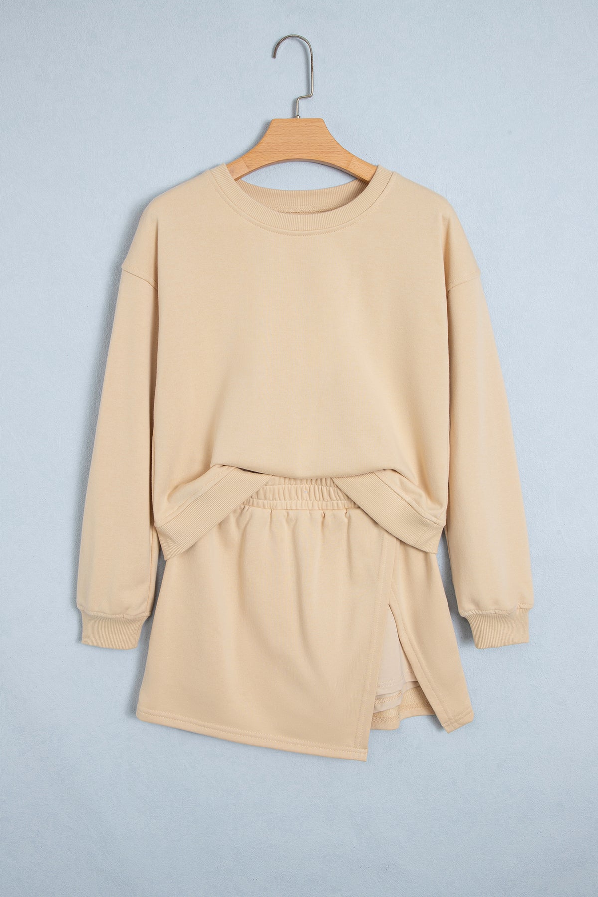 Dirty blue Solid Color Long Sleeve Top Split Skort 2pcs Outfit