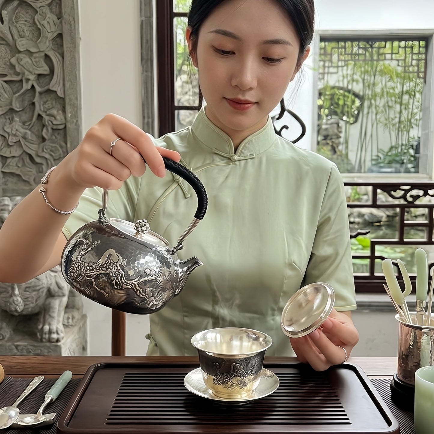 925 Sterling Silver Elegant Handcrafted  Teapot with Nature-Inspired Squirrel and Pine Cone Design-Fine large teapot - Handicraft