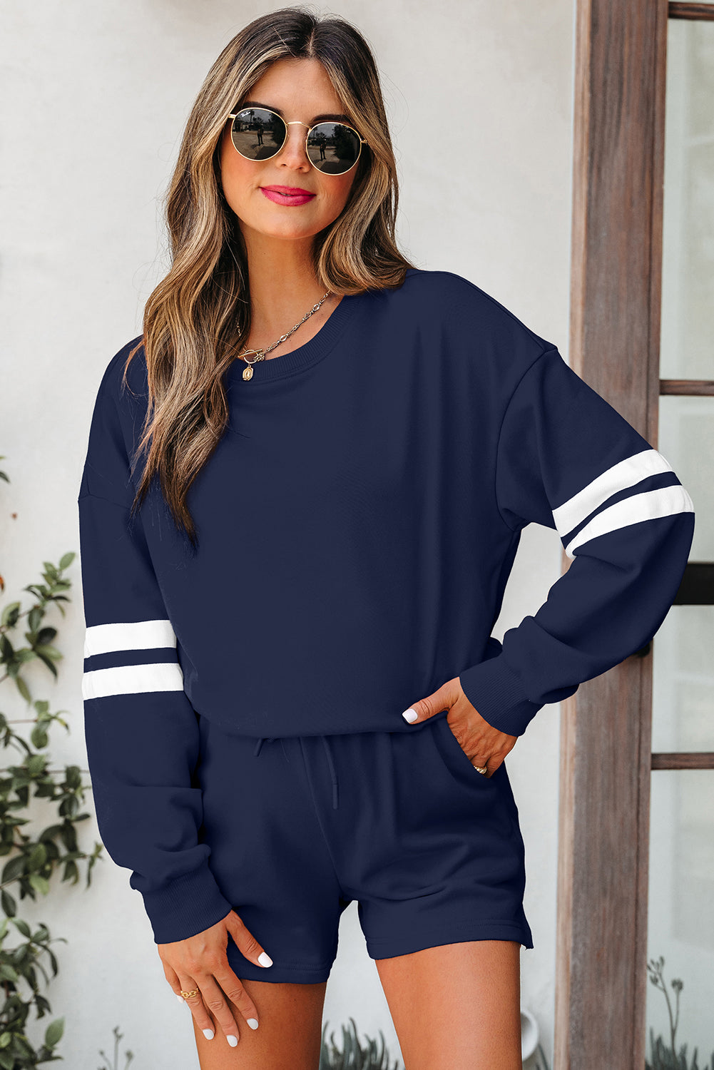Fiery Red Varsity Striped Sleeve Drop Shoulder Sweatshirt and Short Set