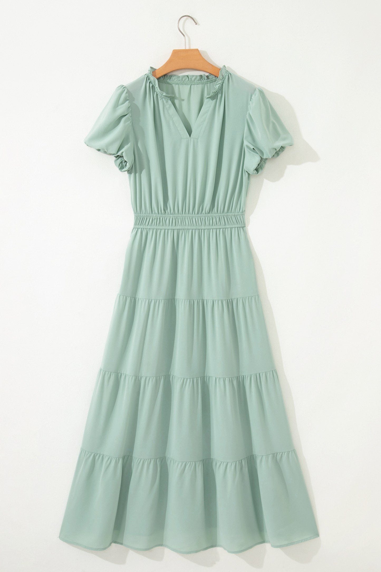 Solid Color V Neck Short Puff Sleeve High Waist Tiered Maxi Dress