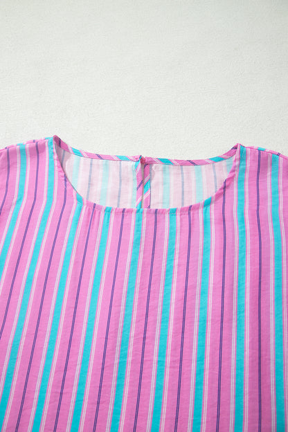Pink Stripe Dolman Short Sleeve Blouse Drawstring Elastic Waist Loose Short Set