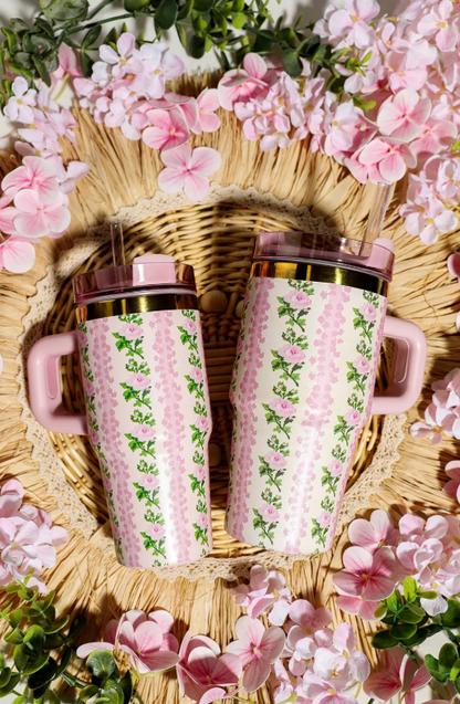 Dainty Floral Print Stainless Steel Tumbler with Straw 16 OZ