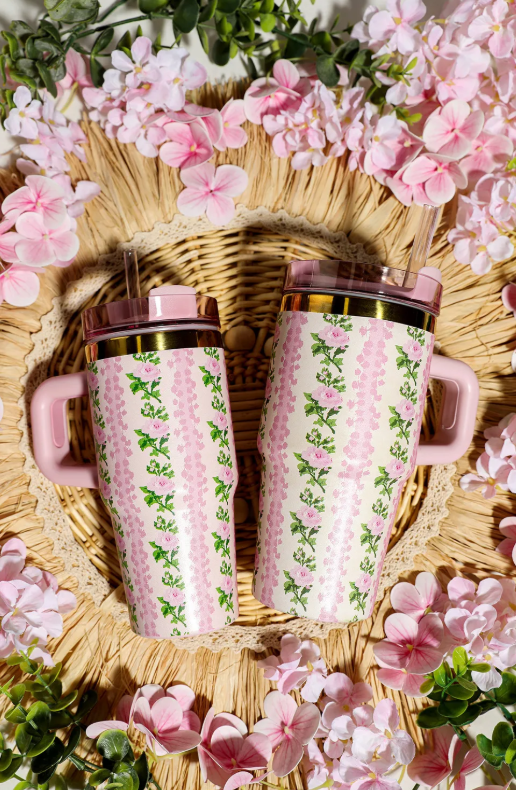 Dainty Floral Print Stainless Steel Tumbler with Straw 16 OZ