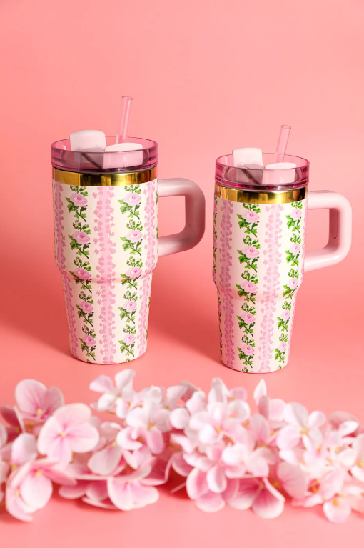 Dainty Floral Print Stainless Steel Tumbler with Straw 16 OZ