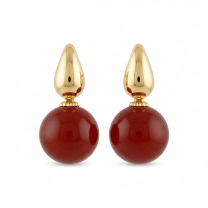 925 Sterling Silver Elegant Red Carnelian Sphere and Polished Metallic Teardrop Drop Earrings
