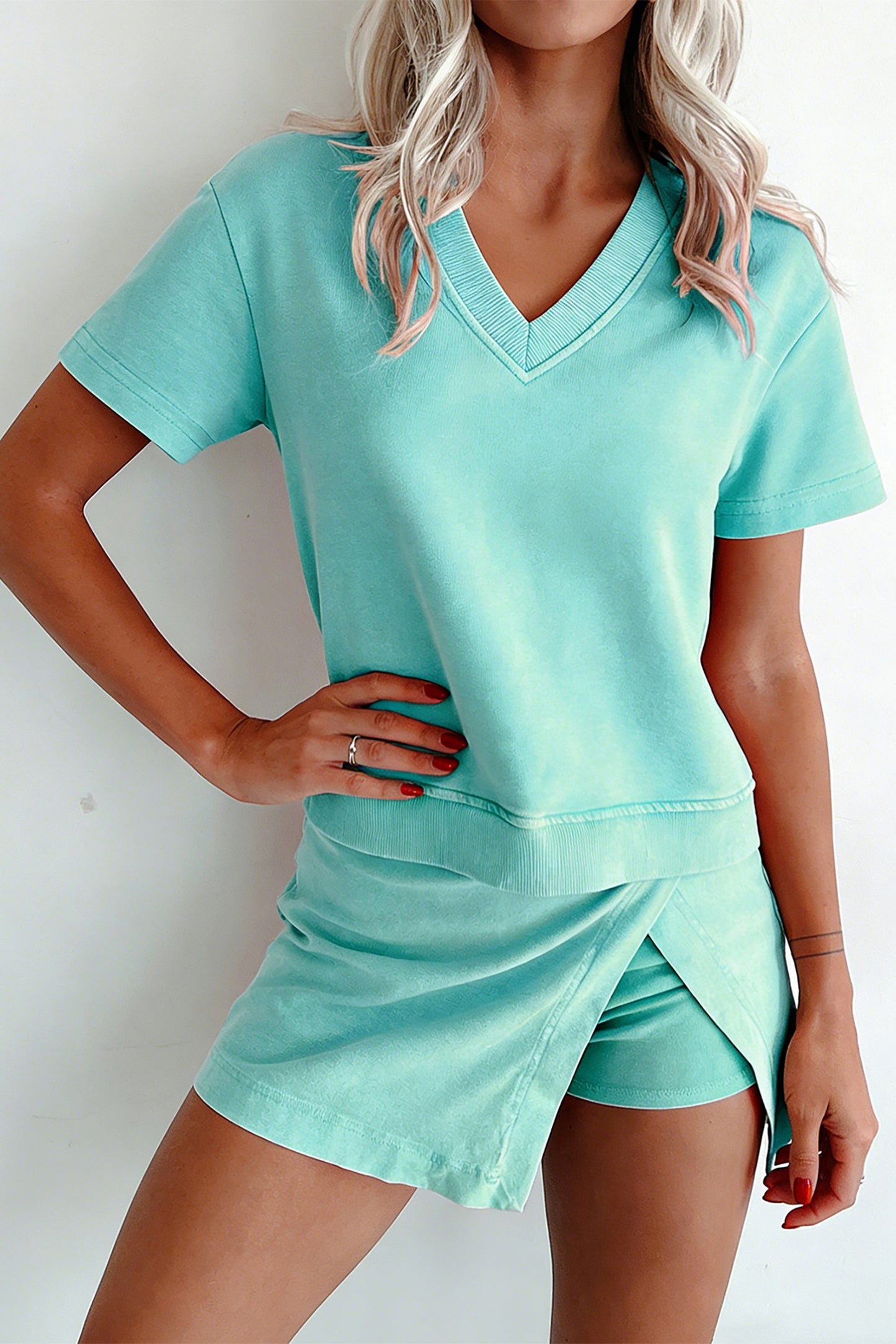 V Neck Tee Matching Skort Set