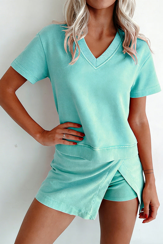 V Neck Tee Matching Skort Set
