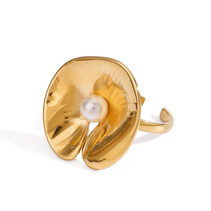 18K gold geometric inlaid pearl design classic simple ring