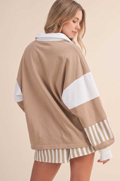 Gossamer Pink Striped Color Block Pullover Top Drawstring Shorts Set