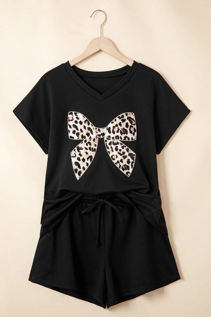 Leopard Bow Patched V Neck Loose Tee Drawstring Shorts 2pcs Outfit