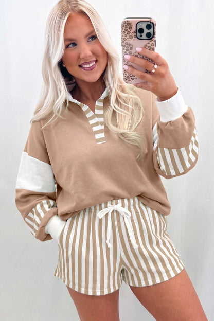Gossamer Pink Striped Color Block Pullover Top Drawstring Shorts Set
