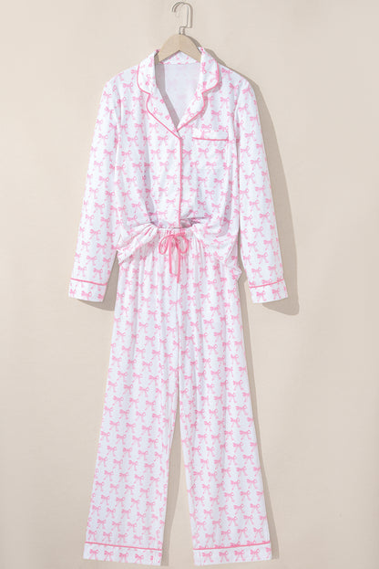 Bow Print Long Sleeve Shirt and Pants Soft Pajama Set