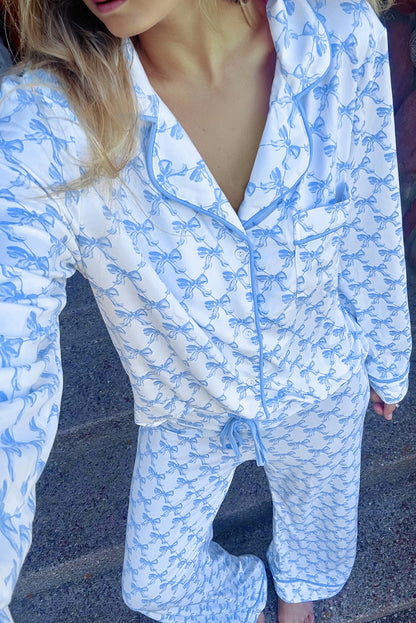 Bow Print Long Sleeve Shirt and Pants Soft Pajama Set
