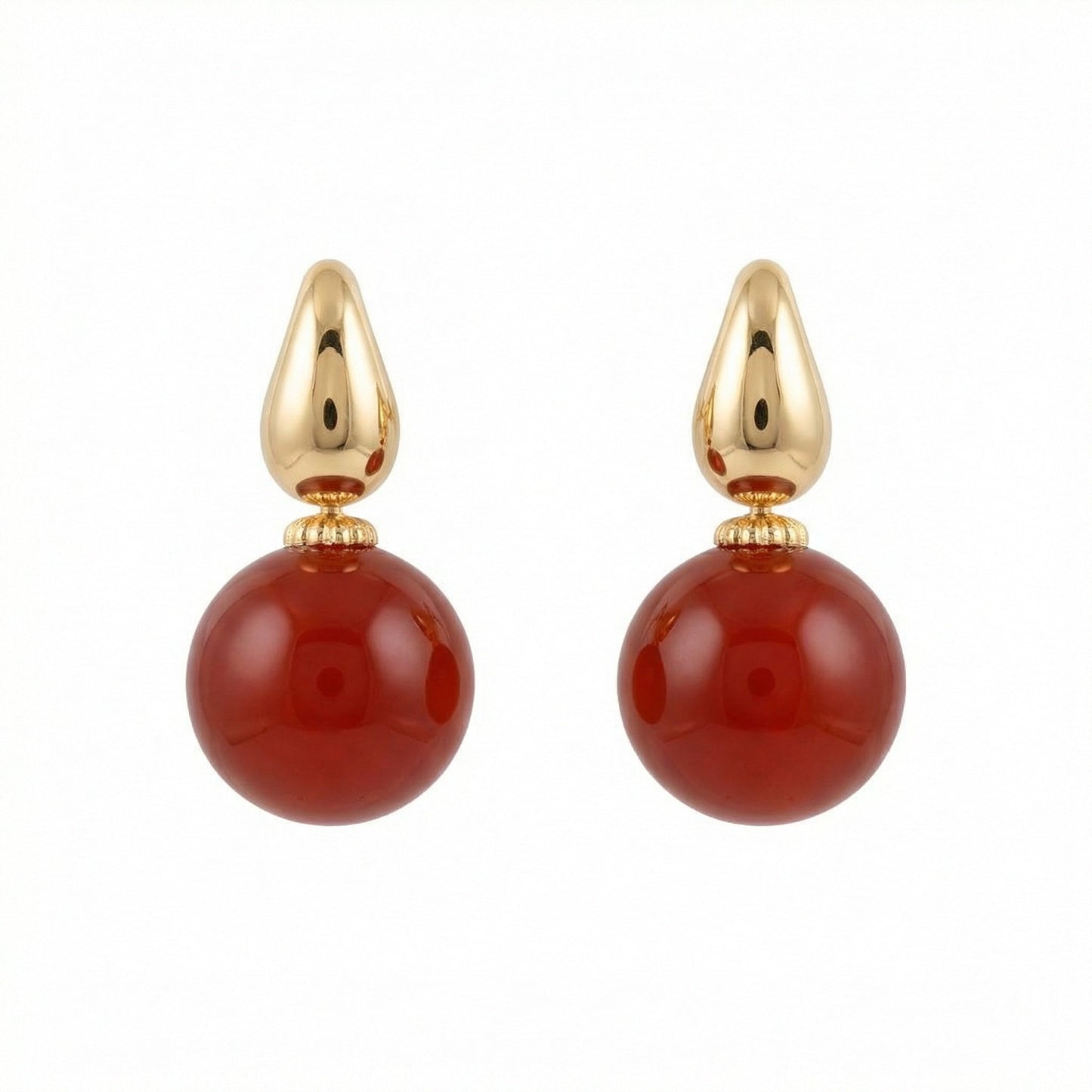 925 Sterling Silver Elegant Red Carnelian Sphere and Polished Metallic Teardrop Drop Earrings