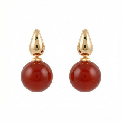 925 Sterling Silver Elegant Red Carnelian Sphere and Polished Metallic Teardrop Drop Earrings
