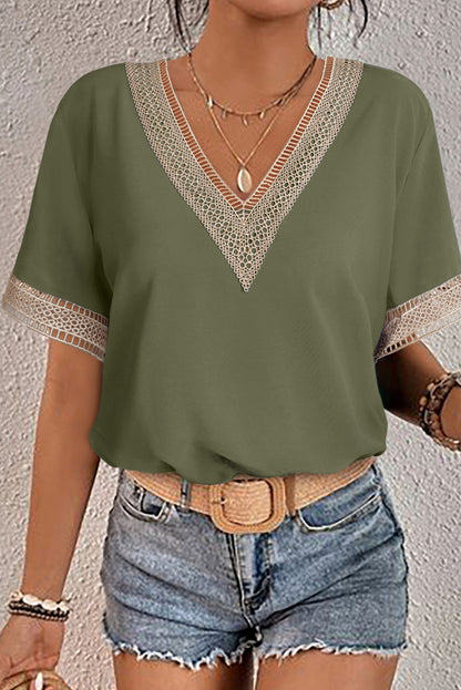 Lace Trim V Neck Short Sleeve Blouse