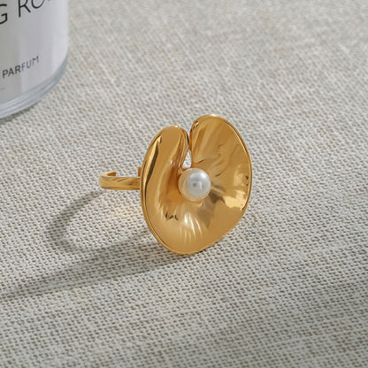 18K gold geometric inlaid pearl design classic simple ring