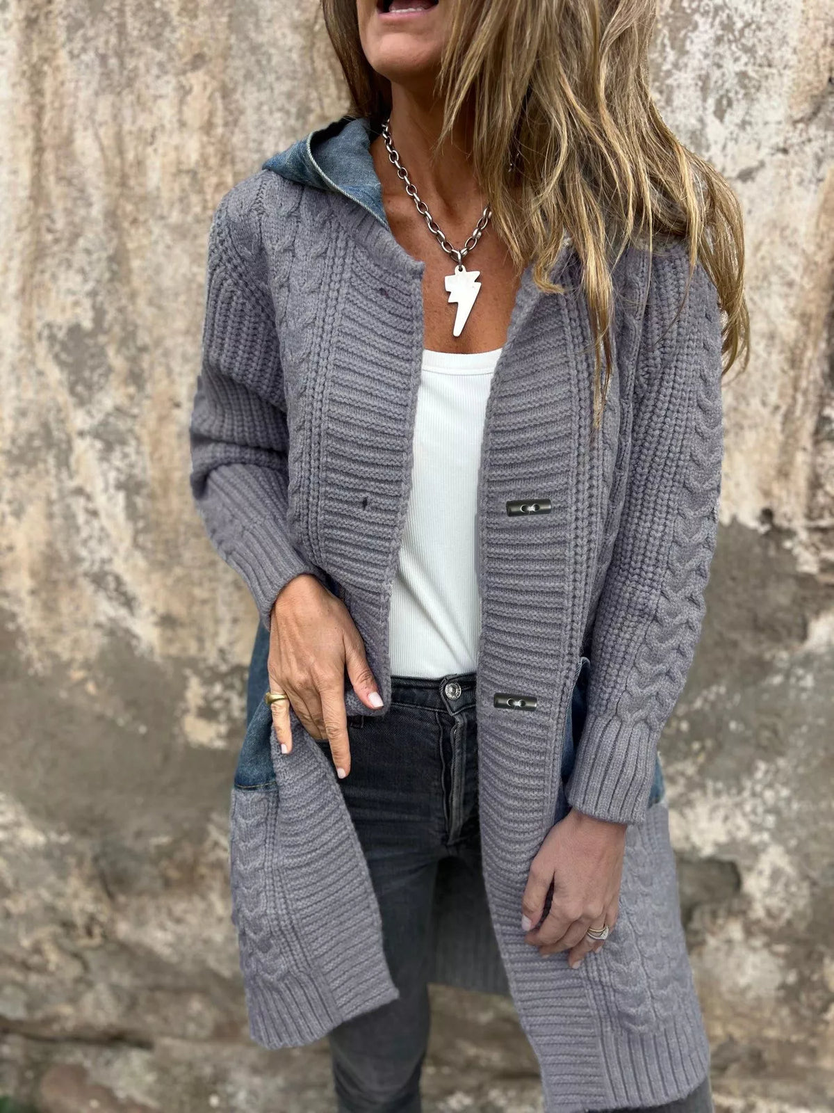 Full Size Hooded Cable Knit Longline Cardigan Plus Size