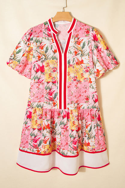 Pink Color Block Floral Print Contrast Trim V Neck Ruffle Hem Mini Dress