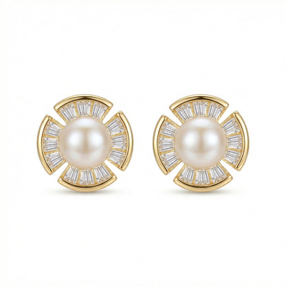 925 Sterling Silver Radiant Pearl and Baguette-Cut Fan-Shaped Stud Earrings