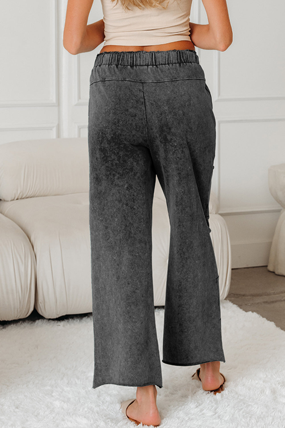Wild Ginger  Mineral Wash Lace-up High Waist Raw Hem Patched Pocket Pants