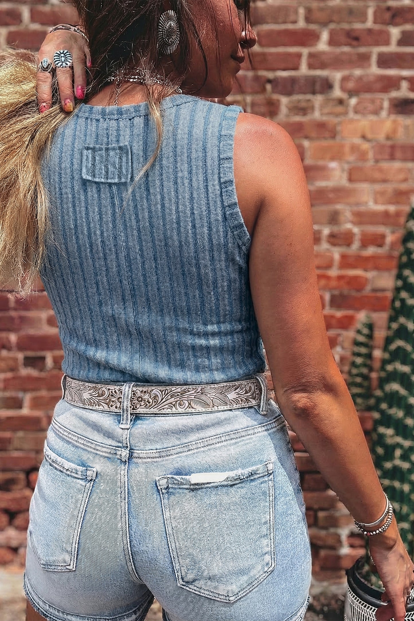Beau Blue Slim Ribbed Mineral Wash Tank Top